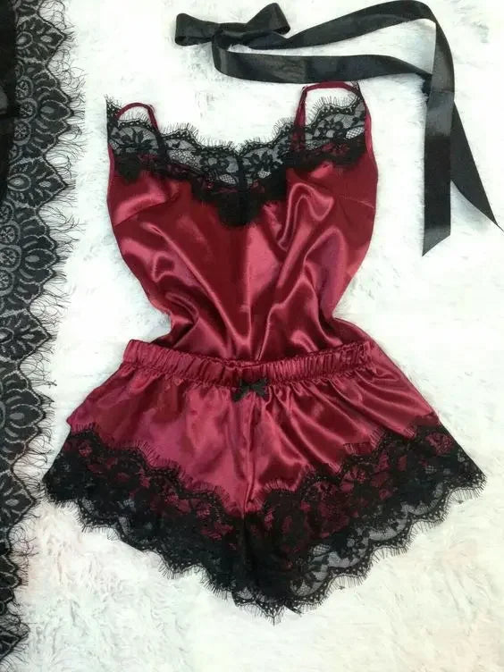 New Women's Pajamas Silk Sexy Pajama Set Black Lace V-Neck Pajama Suspender Top and Shorts Lace Pajama Set Home Underwear Dress