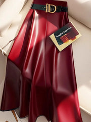 High end goddess style high-end red PU skirt for women new Leather midi skirt, mid length umbrella skirt