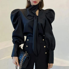 Women Vintage Luxury Chic Satin Shirt  Office Lady Ribbon Design Elegant Blouse Spring Autumn Solid Long Sleeve Slim Tops