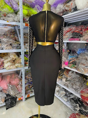 Factory Wholesale Women Wedding Party Guest Dress Long Sleeve Pearls Studded Crop Top And Long Bandage Skirt Two Piece Sets