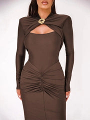 Women's 2025 Sexy Hollow Out Ruched Maxi Dress – Elegant Slim Fit Long Sleeve Slit Gown for Autumn/Winter Parties & Evenings