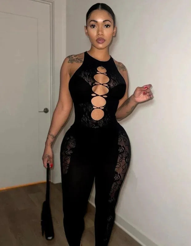 Sleeveless Transparent Party Home Jumpsuits Women Glitter High Stretch Skinny Hollow Out Bodycon Rompers Sexy Party Bodysuit