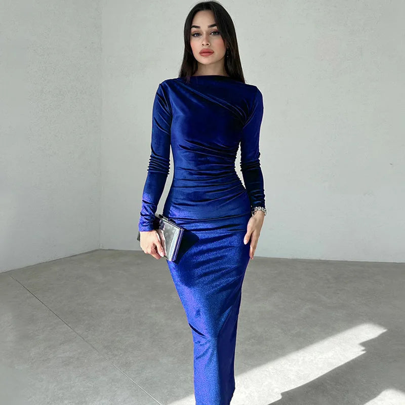 2025 Spring Summer Velvet Long Sleeve Midi Dress For Women Ruched Long Dress Elegant Party Clothes Evening Green Outfits