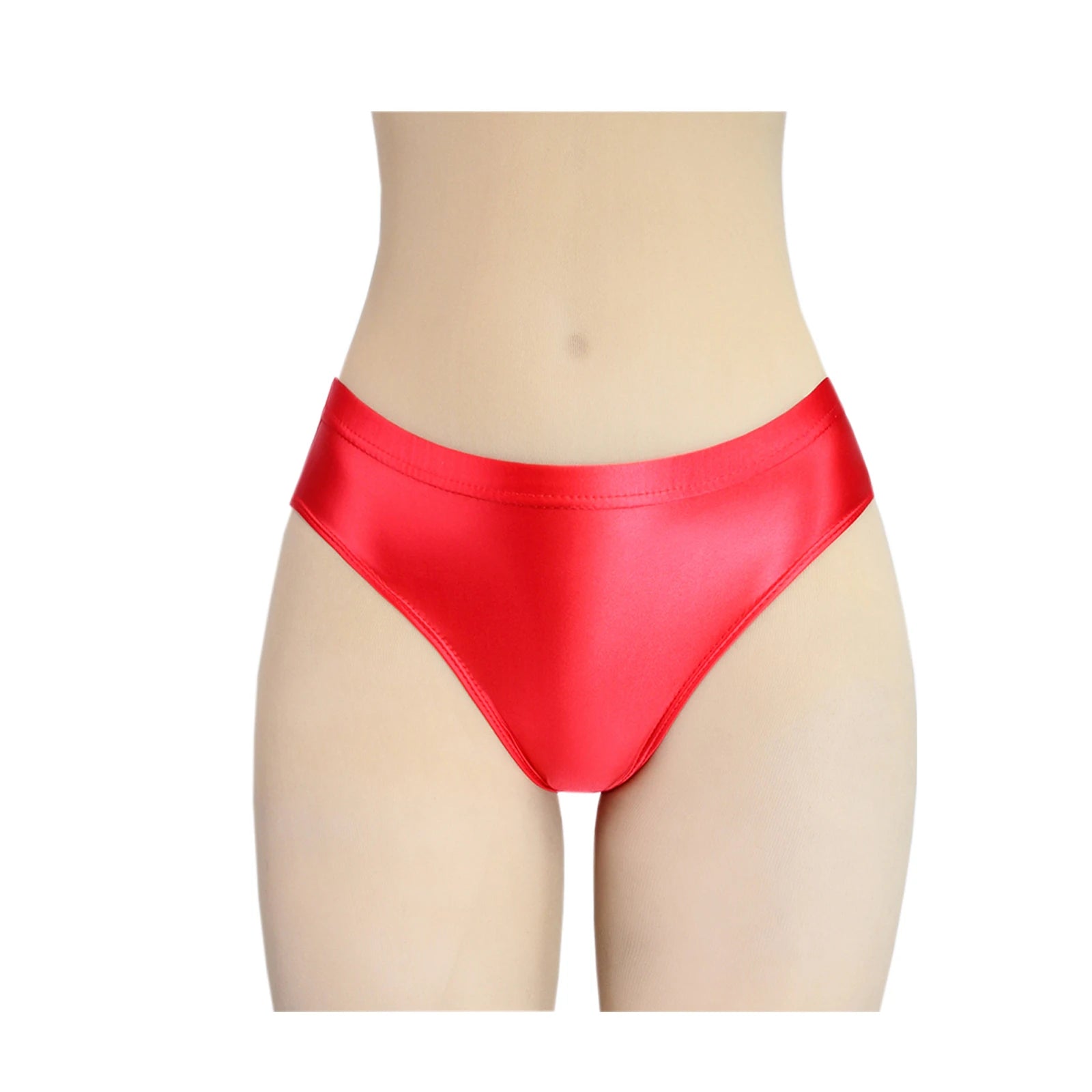 Stretchy, tight, smooth and shiny women's swim trunks with elastic waist and mid-crotch design, suitable for both wearing inside