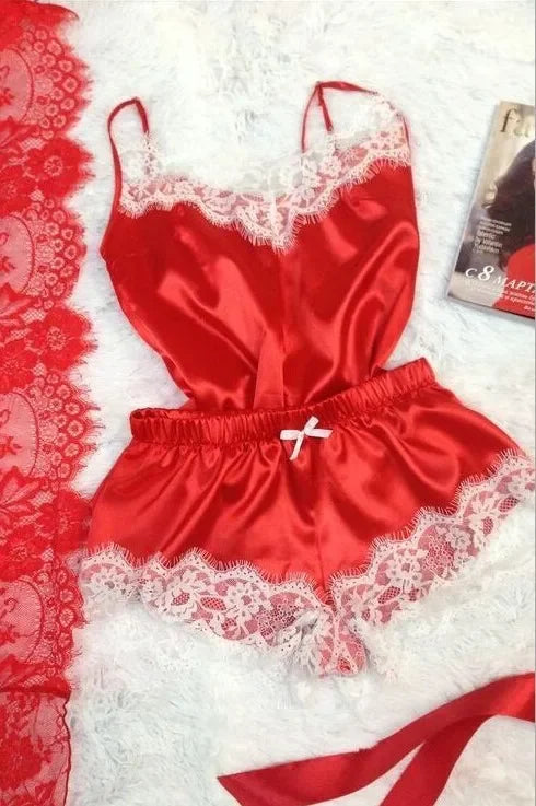 New Women's Pajamas Silk Sexy Pajama Set Black Lace V-Neck Pajama Suspender Top and Shorts Lace Pajama Set Home Underwear Dress