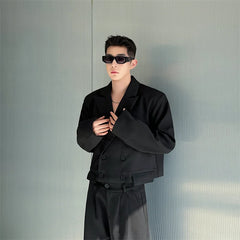 SYUHGFA  Men's Clothing Short Style Suit Jacket Loose Solid Color Male Top fashion Doulbe Breasted Blazers