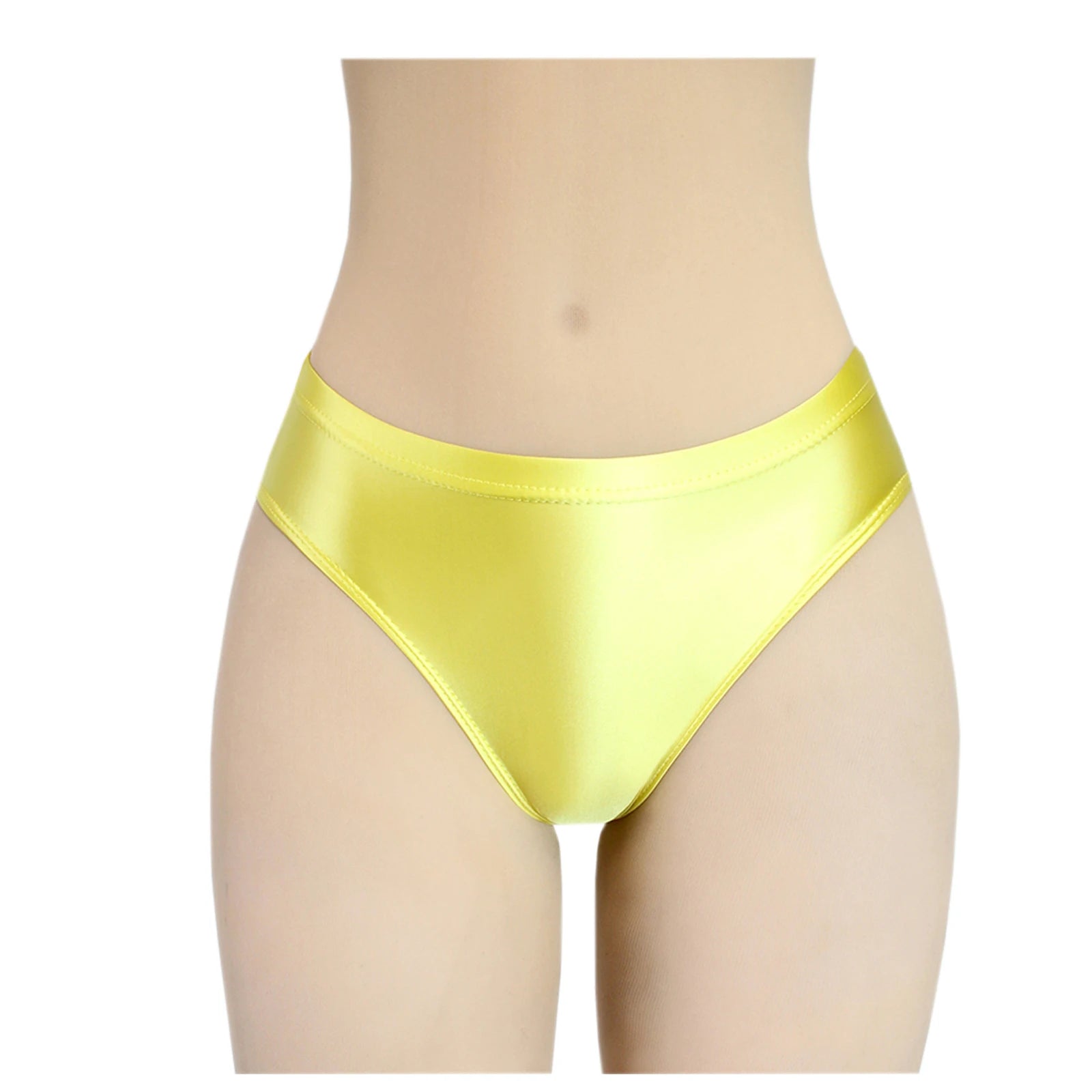 Stretchy, tight, smooth and shiny women's swim trunks with elastic waist and mid-crotch design, suitable for both wearing inside