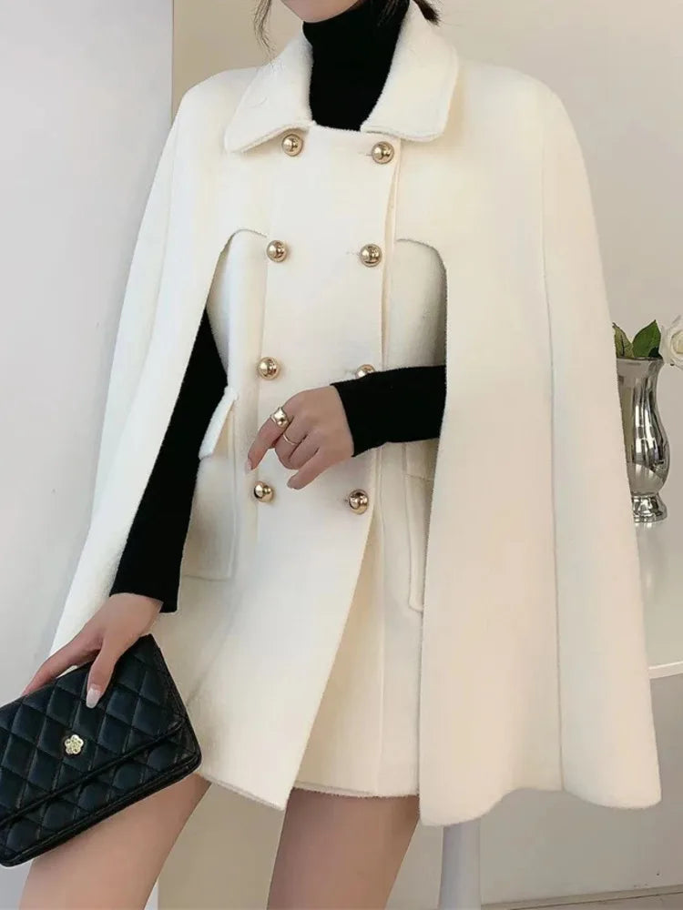 Elegant Knitted Coat  Lapel Double Breasted Loose Casual Thick Warm Cape Jacket Women 2025
