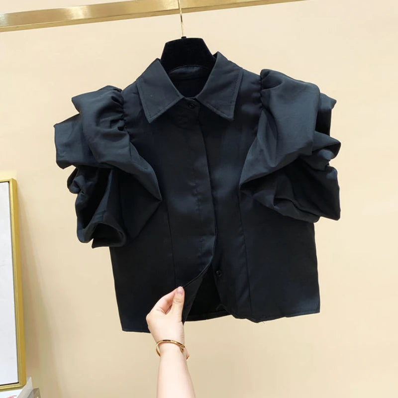 Women's Kawaii Puff Sleeve Crop Top – Vintage Aesthetic Ruffle Shirt | Korean Style Summer Fashion 2025