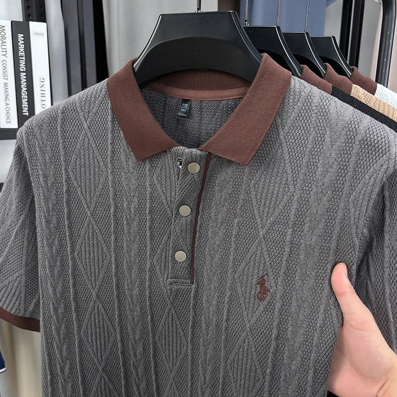 New High-End Men's Hollow Embroidered Polo Shirt Short Sleeve Summer Loose Fit Lapel T-Shirt Casual Breathable Top