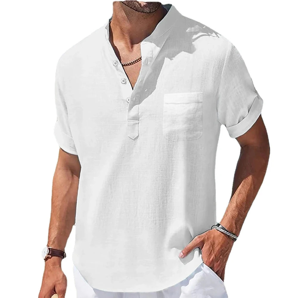 Men’s Summer Linen Shirt – Stand Collar Short Sleeve Casual Top with Pocket