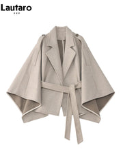 Loose Stylish Luxury Short Soft Woolen Capes for Women Tie Waist Vintage Sleeveless Cloak Coat Women 2025