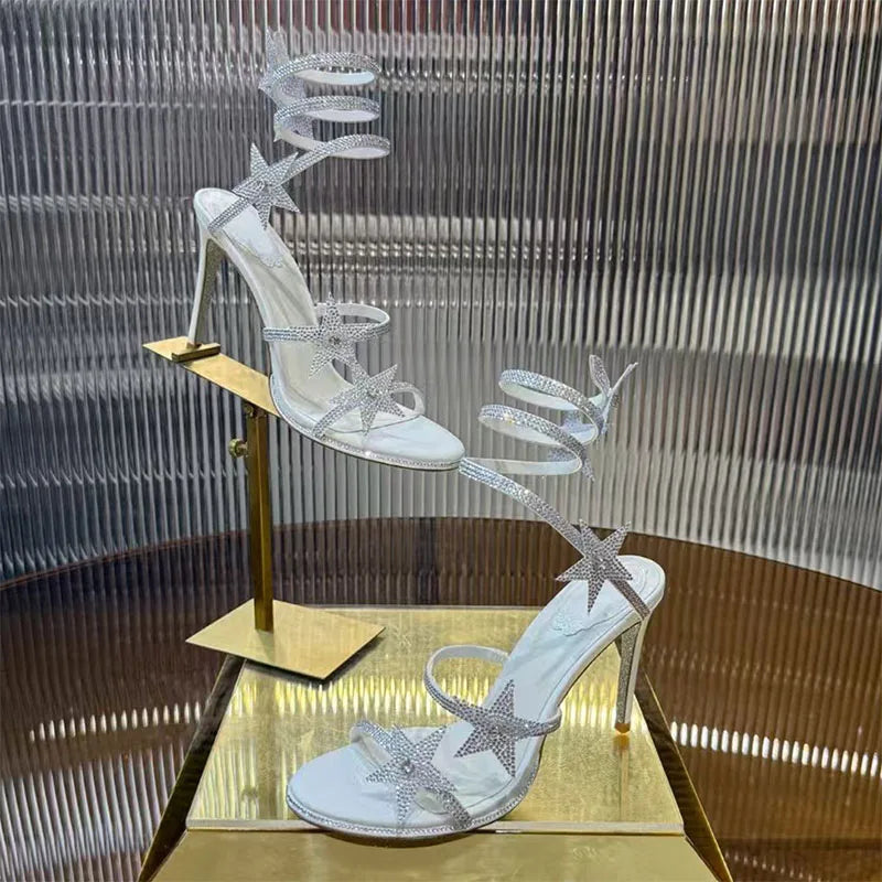 Sexy High Heels Gladiator Sandals Woman Rhinestone Snake Twine Around Ankle Strap Prom Shoes Women Heeled Summer Sandals Women