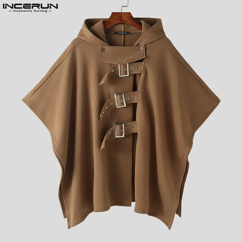 2025 Men Cloak Coats Solid Color Hooded Button Irregular Trench Ponchos Streetwear Loose Fashion Casual Male Cape S-5XL INCERUN