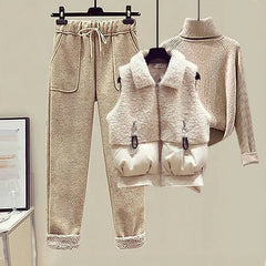 Women's Suit Lamb Wool Vest Thickened Cashmere Sweater High Waist Casual Woolen Trousers Three Piece Set