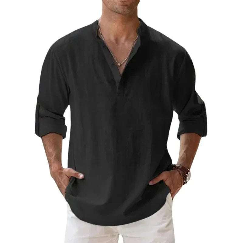 Men’s Cotton-Linen Long Sleeve Shirt – Henley Style, Lightweight & Breathable