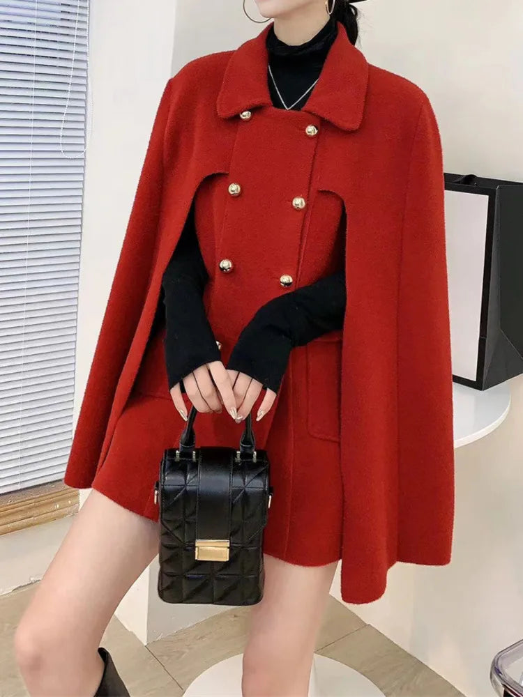 Elegant Knitted Coat  Lapel Double Breasted Loose Casual Thick Warm Cape Jacket Women 2025