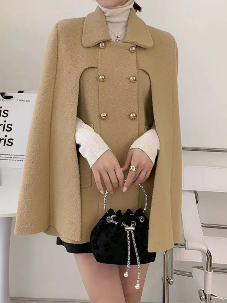 Elegant Knitted Coat  Lapel Double Breasted Loose Casual Thick Warm Cape Jacket Women 2025