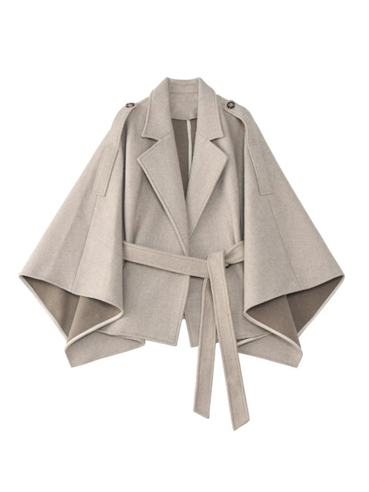 Loose Stylish Luxury Short Soft Woolen Capes for Women Tie Waist Vintage Sleeveless Cloak Coat Women 2025