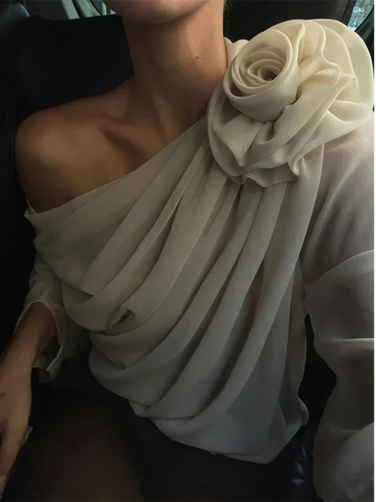 Women's Blouse Sexy Sker Collar Long Sleeve Elegant Tops Ladies Office Blouse Shirts Female 3D Flower Shirts Corset Top