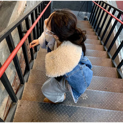 Women's Lambswool Lapel Denim Fleece Jacket  Style Cute  Quilted Coat For Ladies Fashion Short Cotton Coat Females