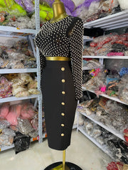 Factory Wholesale Women Wedding Party Guest Dress Long Sleeve Pearls Studded Crop Top And Long Bandage Skirt Two Piece Sets