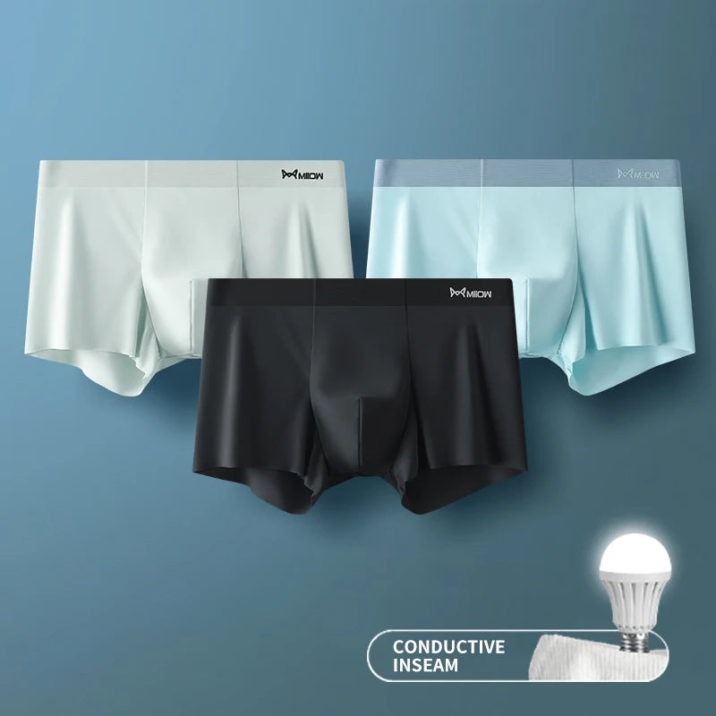 3Pcs Ice Silk Man Underwear Boxer Metal Fiber Antistatic Men Underpants Seamless Cut Hem Men's Panties Boxers Shorts Trunk