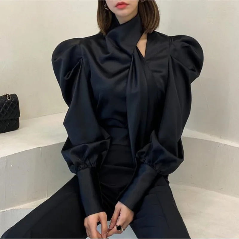 Women Vintage Luxury Chic Satin Shirt  Office Lady Ribbon Design Elegant Blouse Spring Autumn Solid Long Sleeve Slim Tops