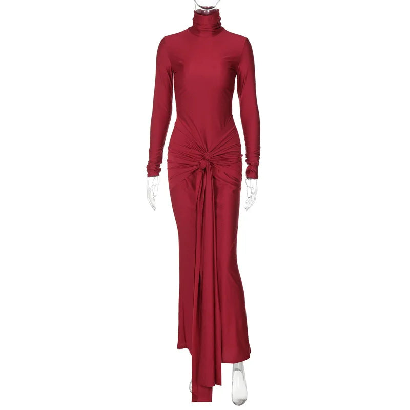 Turtleneck Long Sleeve Bodycon Dress Women Tight Elastic Lace-up Maxi Dresses Winter Evening Party Curvy Robe Red Brown 2025 New