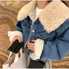 Women's Lambswool Lapel Denim Fleece Jacket  Style Cute  Quilted Coat For Ladies Fashion Short Cotton Coat Females