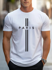 Men's  loose fitting oversized Paris print casual slim fit round neck short sleeved T-shirt top