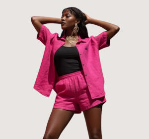 Women’s Pink Short-Sleeve Button-Up Set