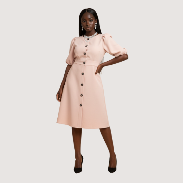 Light Pink Puff Sleeve Button-Down Dress