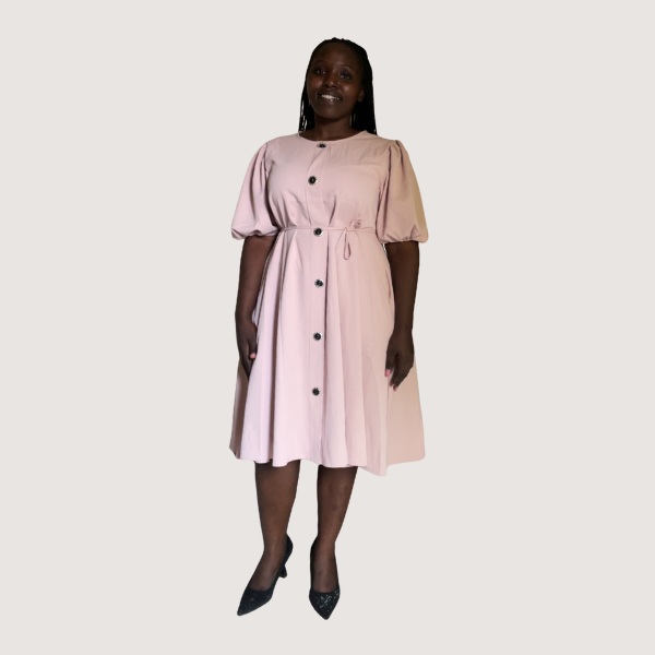 Light Pink Puff Sleeve Button-Down Dress